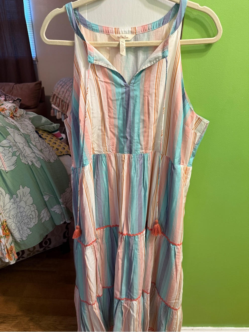 Matilda Jane Pastel Striped V-Neck Dress in Mint, Coral & Cream